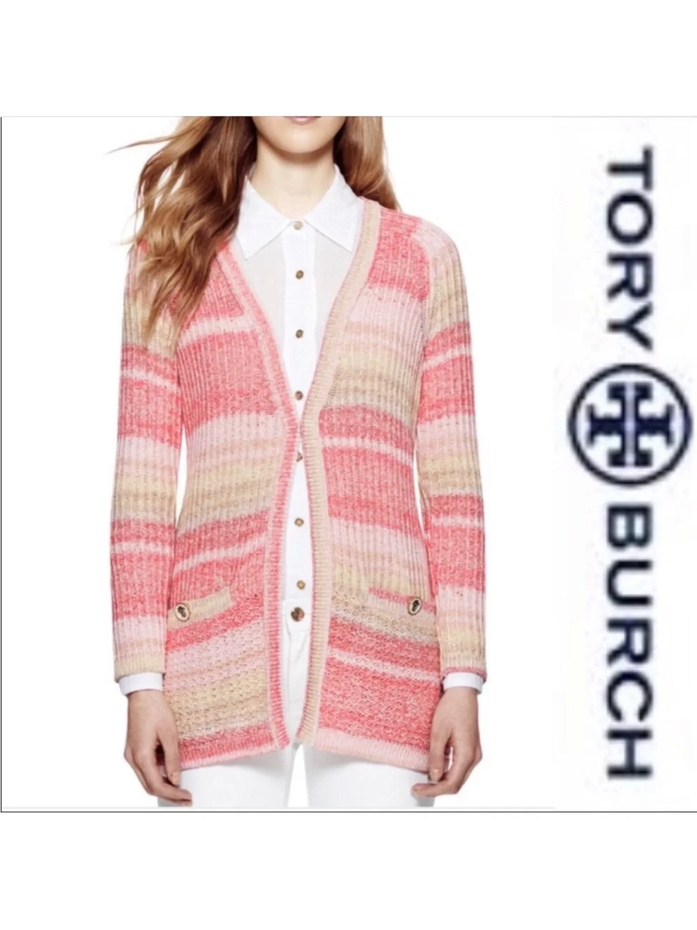 ⭐️NWT⭐️Tory Burch Erin Cardigan Coral Pink Multi-Striped Open Front Cardigan